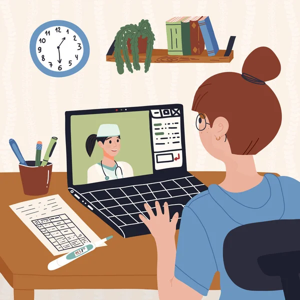 Meisje met koorts met artsen online video consult van thuis uit in haar laptop. Afstandelijk concept van medische hulp. — Stockvector