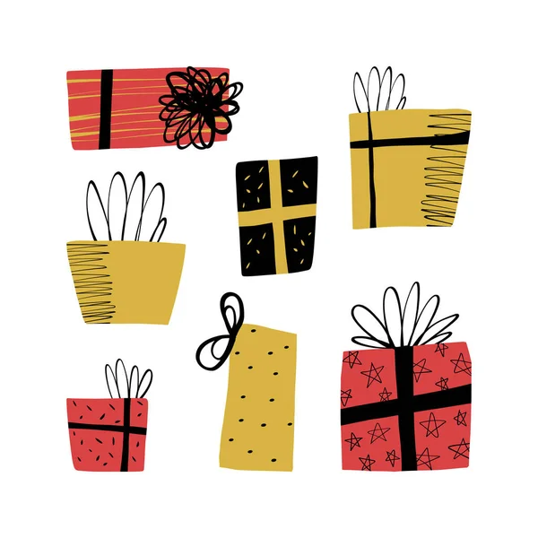Sada různých ručně kreslených dárkových krabic s luky a stuhami, roztomilé balíčky na vánoční dárky a narozeninová překvapení. — Stockový vektor