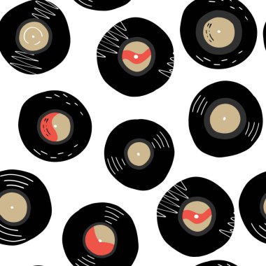 Vinil plaklar elle çizilmiş. Kapsama alanı, ambalaj kağıdı, tekstil baskısı ve diğer şeyler için müziğin sonu gelmez süsleri.
