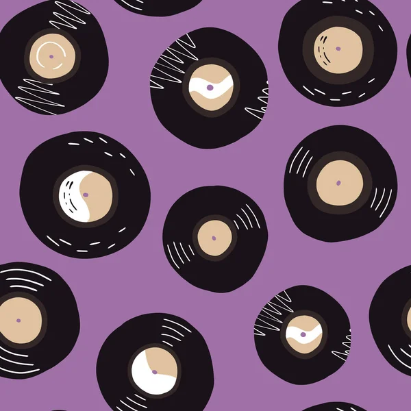 Schallplatten handgezeichnet nahtlose Muster auf lila Hintergrund. Endloses Design für Packpapier, Textildruck und andere — Stockvektor