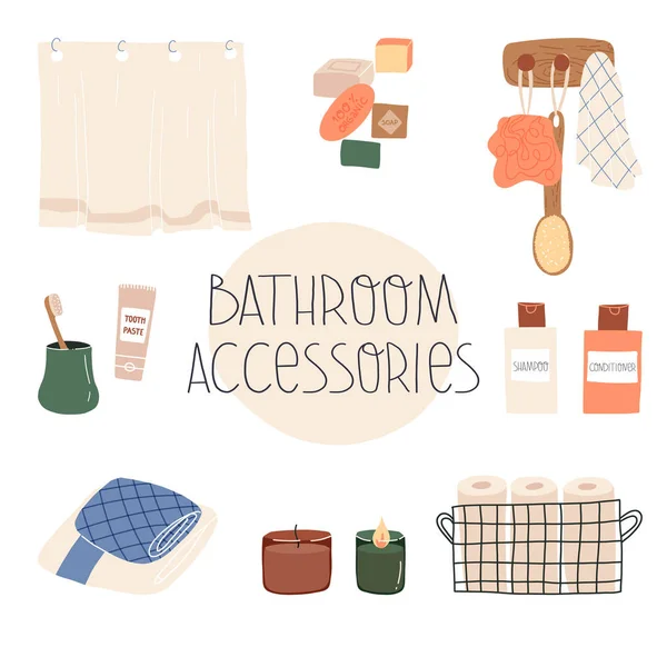 Biologische badkamer en douche accessoires set met gordijn, shampoo en conditioner flessen, zeep bars, handdoeken en anderen. — Stockvector