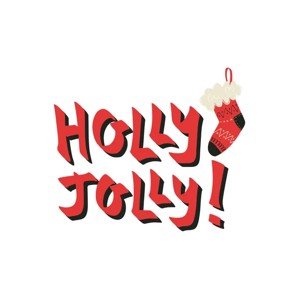 Holly Jolly lettrage drôle et mignon traditionnel rouge Noël tricoté bas pour les cadeaux avec une boucle et fausse fourrure. — Image vectorielle