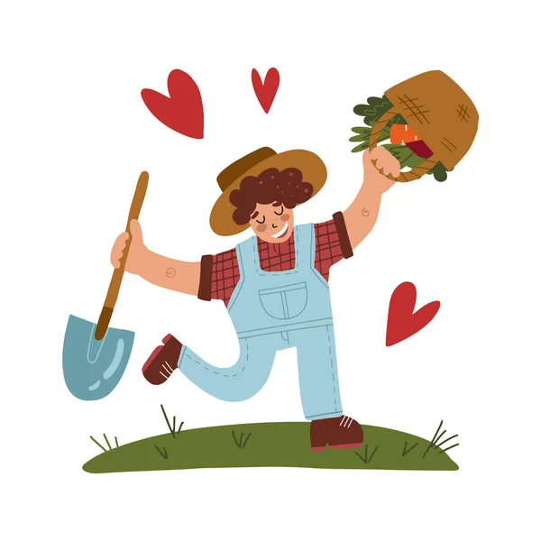 Jezte místní a organické potraviny koncepce. Šťastný usměvavý farmář s lopatou tančící na louce obklopen srdcem. — Stockový vektor