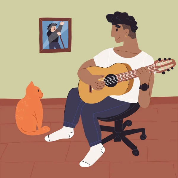 Fiatal spanyol vagy olasz srác gitározik, és ő és a vörös macskája figyelik egymást és mosolyognak.. — Stock Vector