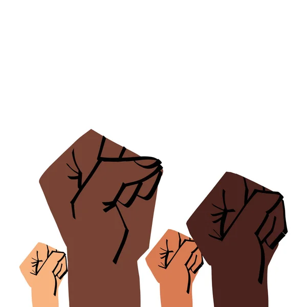 Multi-ethnic young adults raised fists. Black lives matter,protest against racial discrimination symbol. — Stock Vector