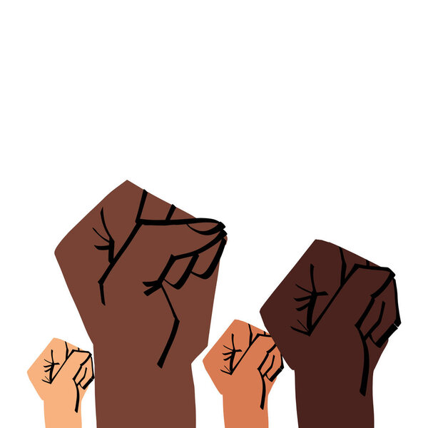 Multi-ethnic young adults raised fists. Black lives matter,protest against racial discrimination symbol.