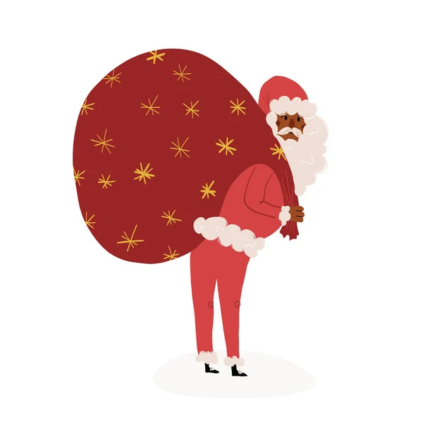 Carino afroamericano Santa in costume rosso tiene una borsa enorme con doni alle spalle. Illustrazione del vettore disegnato a mano. — Vettoriale Stock