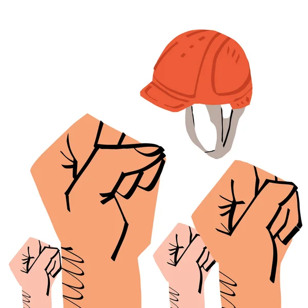 Les poings levés et le chapeau dur de l'ouvrier. Manifestation contre les retards dans le paiement du salaire, pour des conditions de travail confortables. — Image vectorielle