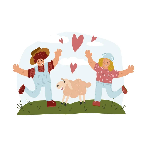 An idealistic rural landscape with farmer and his wife run to a cute smiling sheep. Vector illustration for your design. — Stock Vector