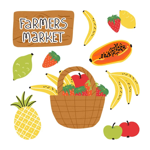 Divertido conjunto de frutas orgánicas frescas y gran cesta de mimbre con letrero de placa de madera con letras Farmers market. — Vector de stock