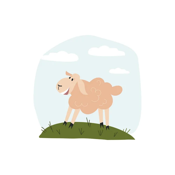 Grappige hand getekend gelukkig lachende schapen op een weide. Leuke vectorillustratie op geïsoleerde achtergrond. — Stockvector