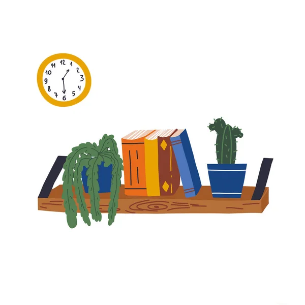 Söt bokhylla och hem växter, kaktus och dischidia i krukor, en väggklocka hänger i närheten. — Stock vektor