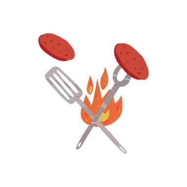Çapraz spatula ve ızgara çatal ile hamburger köfteleri ve arka planda ateş. Vektör el çizimi izole illüstrasyon.