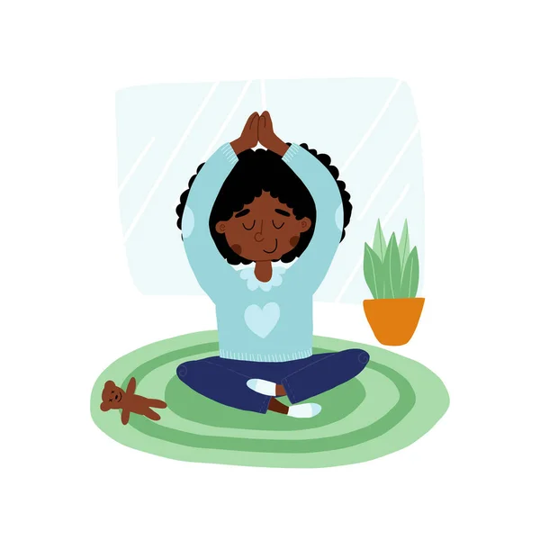 Schattig Afrikaans Amerikaans meisje neergezet een speelgoed en mediteert in lotus of padmasana pose met handen omhoog boven haar hoofd. — Stockvector