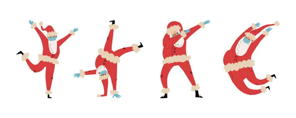 Tıbbi maske takmış mutlu dans eden Noel Babalar ve lateks eldivenler.