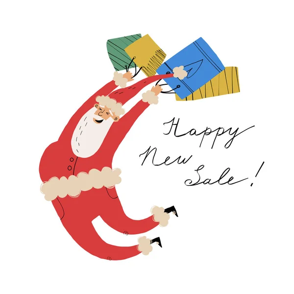 Niedlich und lustig springender Weihnachtsmann mit Shopper Papiertüten und Handschriftzug Happy New Sale. Werbebanner-Design. — Stockvektor