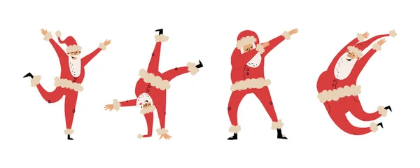 Set of happy dancing Santa Clauses in various pas like dabbing, jumping with hand up, break dance. — Stock Vector