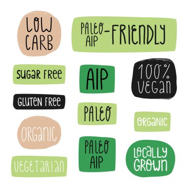 Özel beslenme ve sağlıklı gıda etiketleri. AIP ve paleo dostu, yüzde yüz vegan, şekersiz, düşük karbonhidratlı, vs..