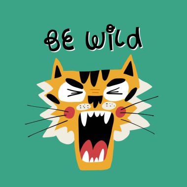 Vahşi, sevimli bir el yazısı ve kükreyen bir kaplanın ağzı ol. El çizimi vektör illüstrasyonu.