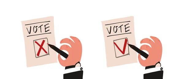 La papeleta de votación y la mano del hombre escriben la marca de verificación y la cruz o la respuesta No y Sí. Elecciones, sistema de votación política. — Archivo Imágenes Vectoriales