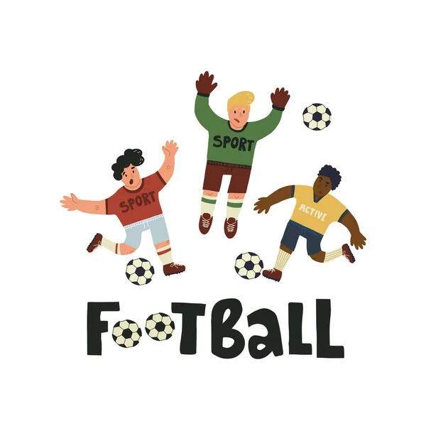 3 Spieler gesetzt, Torwart und Stürmer oder Verteidiger in verschiedenen Posen laufen zum Ball, blockieren ihn und schreiben Fußball. — Stockvektor