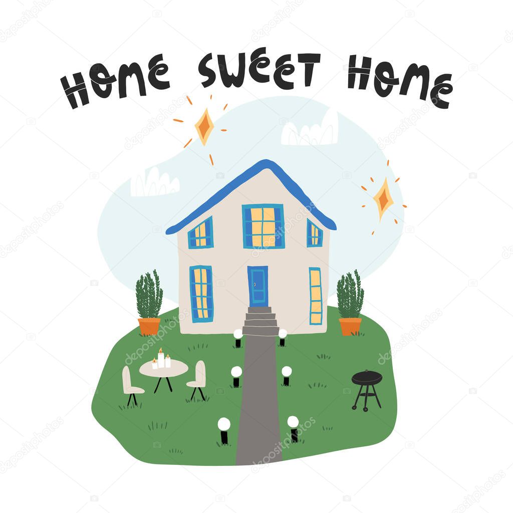 Home sweet home cute lettering and dream house with neat lawn, stylish furniture, plants in pots, barbecue grill nearby.