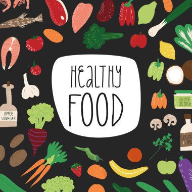 Elle yazılmış sağlıklı yemek afişi. Balık, deniz ürünleri, et, sebze ve meyveler, hindistan cevizi yağı, yağ, elma sirkesi.