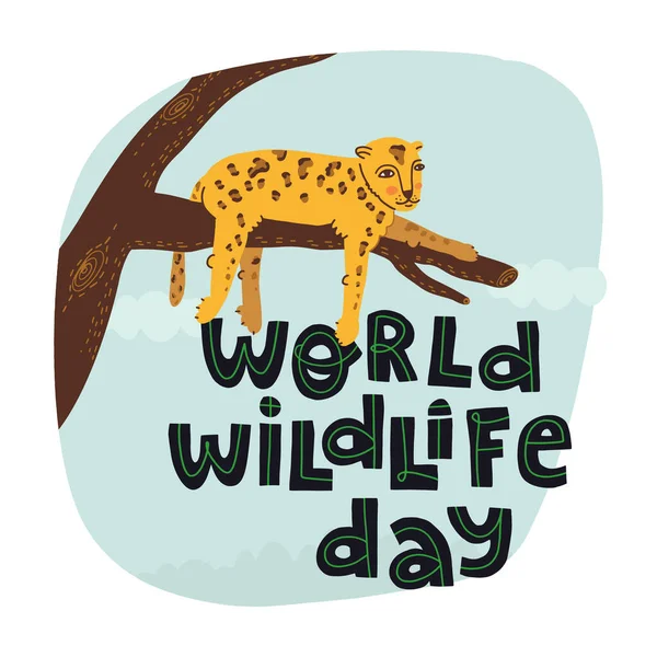 Svět volně žijících živočichů den ručně kreslené nápisy text s zábavné leopard ležící na větvi stromu a chlazení. — Stockový vektor