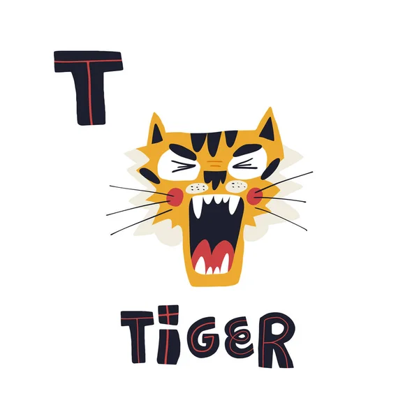 T carta e bonito engraçado pouco rugindo tigre focinho com a boca aberta. Projeto desenhado à mão vetorial com letras. — Vetor de Stock