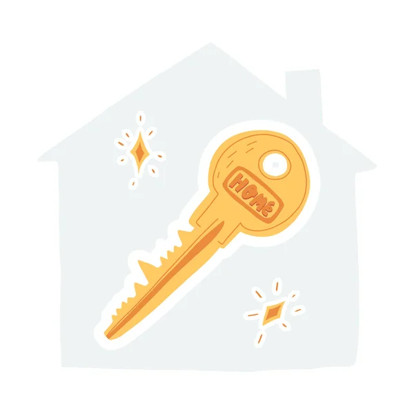 Chiave della porta disegnata a mano con scritte a casa su uno sfondo a forma di casa e stelle carine. Etichetta, emblema di design. — Vettoriale Stock