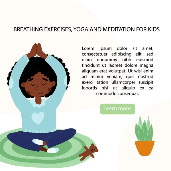 Ademhalingsoefeningen, yoga, meditatie voor kinderen spandoek. Afro-Amerikaans meisje zit in lotus poseren met handen omhoog boven het hoofd — Stockvector