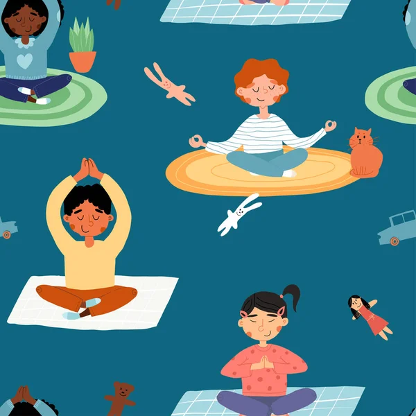 Söt sömlös mönster med meditera, gör yoga och andningsövningar i olika poser barn på blå bakgrund. — Stock vektor
