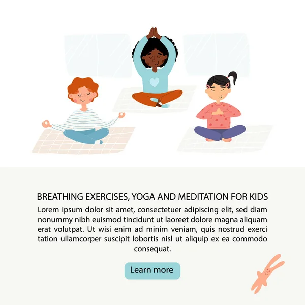 Kids breathing, concentration, calm exercise learning banner. Girls and boy meditates in lotus poses in yoga class. — Stock Vector