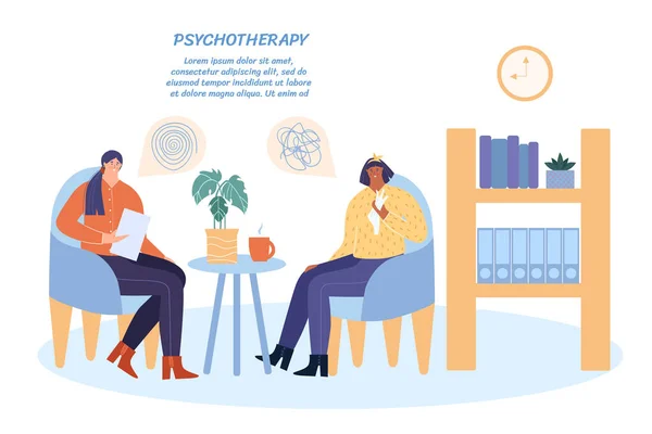 Mujer Con Depresión Una Recepción Psicólogo Concepto Psicoterapia Ilustración Vectorial — Vector de stock