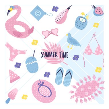 Merhaba yaz konsepti. Flamingolar, mayo, kokteyller, dondurma, bardaklar, şapka gibi şirin yaz eşyaları. Beyaz arkaplanda vektör illüstrasyonu.