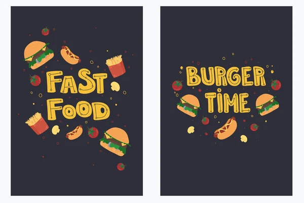 Fast Food Burger Time Lettering Various Food Dark Background — Stock Vector