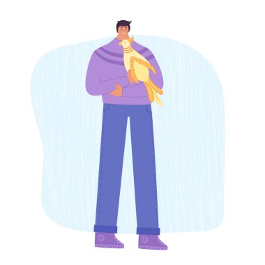 Papağana bakan bir adam. Kuşlar için aşk. Vektör illüstrasyonu