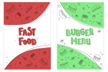 Fast food, kafe, restoran ve bistro menüleri. Hamburger, patates kızartması ve sosisli sandviçli parlak vektör çizimi.