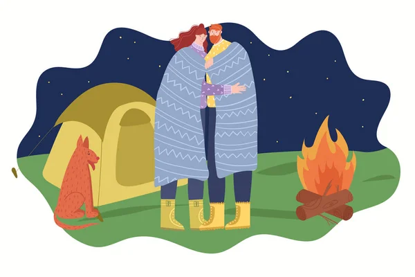 Camping Concept Loving Couple Stands Embrace Bonfire Night Vector Illustration — Stock Vector