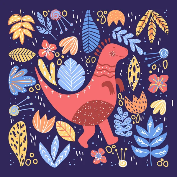 Поздравительная Открытка Милым Динозавром Различными Растениями Векторная Иллюстрация — стоковый вектор
