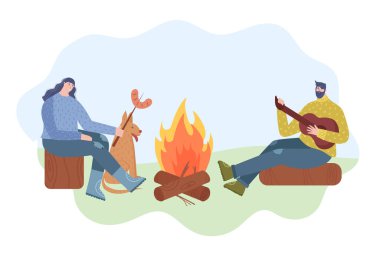 Açık hava eğlencesi. Genç bir çift iyi vakit geçiriyor. Kazıkta sosis kızartan kadın. Gitar çalan bir adam. Vektör illüstrasyonu