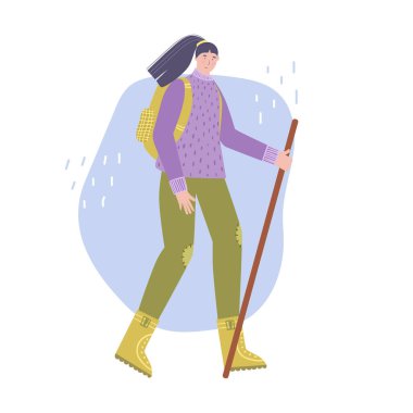 Açık hava eğlencesi. Sırt çantalı kadın kampa gidiyor. Vektör illüstrasyonu.