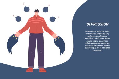 Depresyon kavramı. Canavarlar adamı parçalara ayırır. Metnin için yer alan vektör illüstrasyonuName.