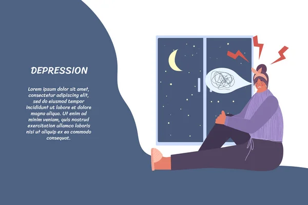 Una Donna Triste Seduta Vicino Alla Finestra Concetto Depressione Illustrazione — Vettoriale Stock
