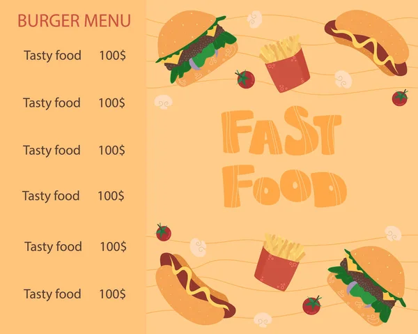 Plantilla Para Menú Comida Rápida Menú Para Bistró Cafetería Ilustración — Archivo Imágenes Vectoriales