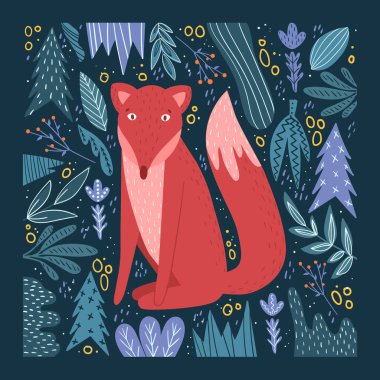 Tilki ile şirin bir kart. Parlak parmak izi. Bitki arkaplanındaki tilki. Çizgi film tarzında vektör illüstrasyonu. El çizimi.