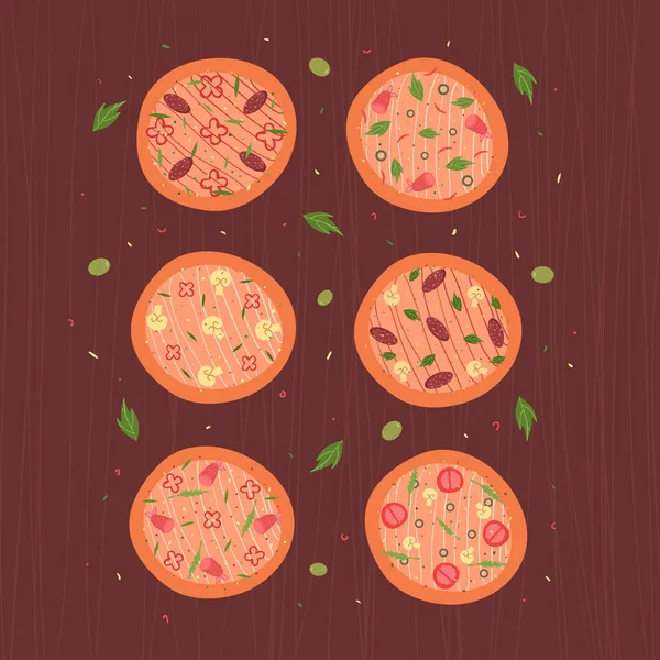 Conjunto Pizza Deliciosa Ilustração Vetorial Sobre Fundo Castanho — Vetor de Stock