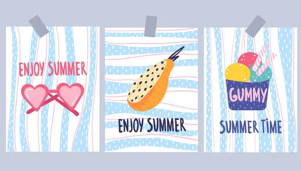 Conjunto Cartões Verão Bonitos Cartão Saudação Com Mamão Cartão Postal — Vetor de Stock