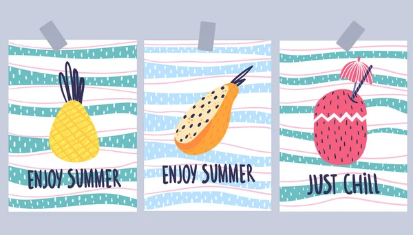 Conjunto Bonitos Cartões Verão Três Cartão Saudação Com Ananás Cartão — Vetor de Stock