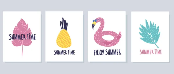 Conjunto Cartões Verão Quatro Peças Ilustração Vetorial Sobre Fundo Branco — Vetor de Stock